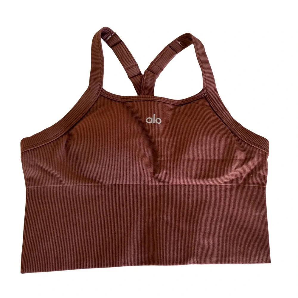 Alo Yoga Seamless Ribbed Favorite Bra Tank & Biker Shorts Set Brown Est Size M